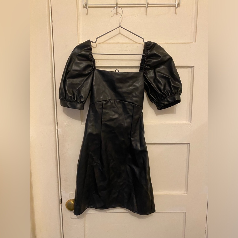 Vegan leather puff sleeve dress